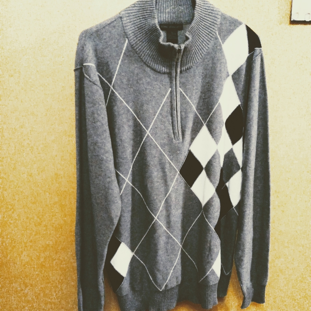 ALEX STEVENS  GEOMETRIC PATTERNED SWEATER ZIPPER AT NECK GRAY/BLACK XL